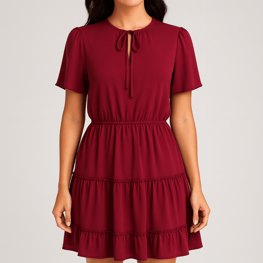 Krótka sukienka w kolorze burgundowym z wiązaniem przy dekolcie