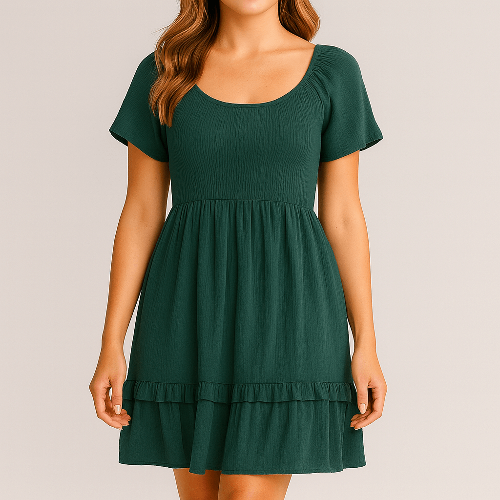 Kort boho-kjole i flaskegrøn med smock-detaljer