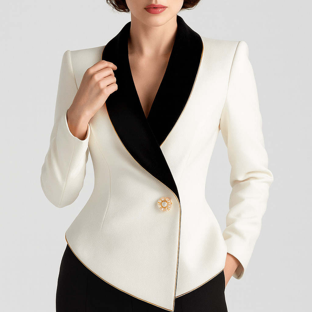 Nordori | Asymmetrisk hvid blazer med sorte lapeller