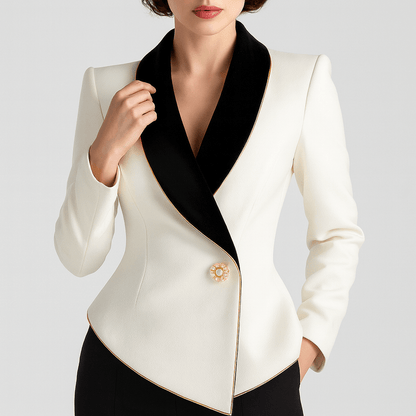 Nordori | Asymmetrisk hvid blazer med sorte lapeller