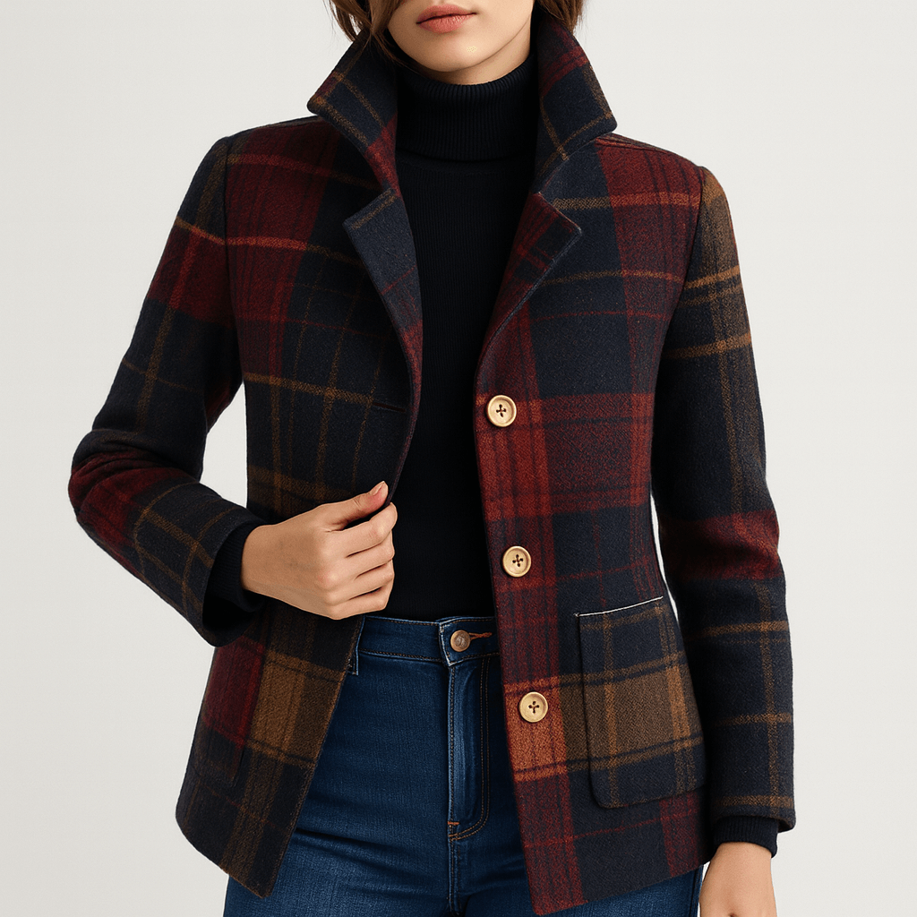 Nordori | Plaid mønster uldfrakke med struktureret stand krave