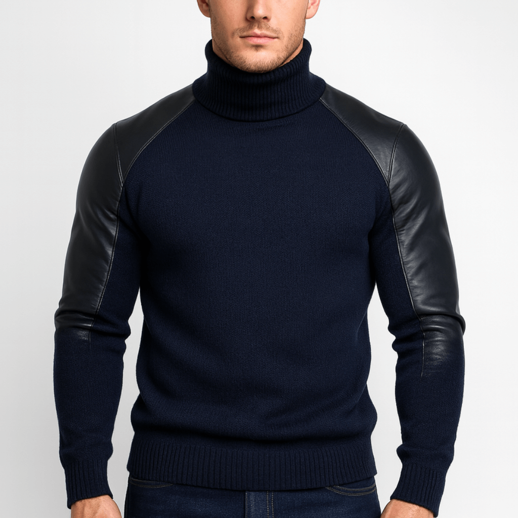 Nordori | Strik Patchwork PU Læder Rullekravetrøje