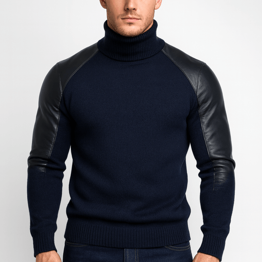 Nordori | Strik Patchwork PU Læder Rullekravetrøje