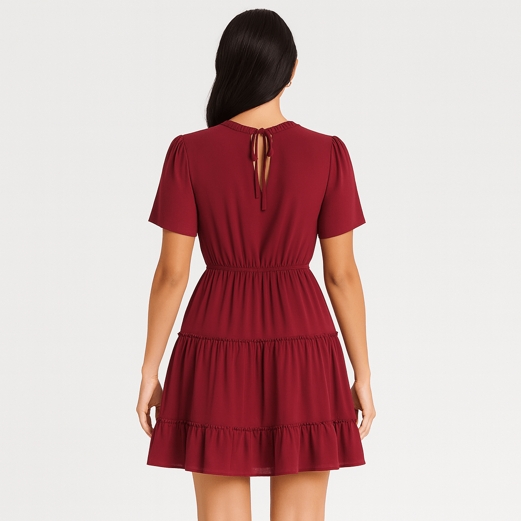 Krótka sukienka w kolorze burgundowym z wiązaniem przy dekolcie