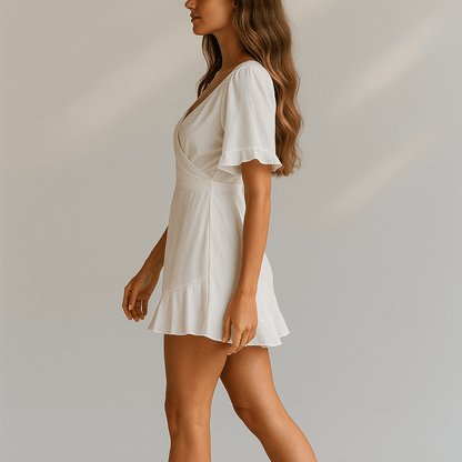 Krótka biała sukienka kopertowa z falbankami